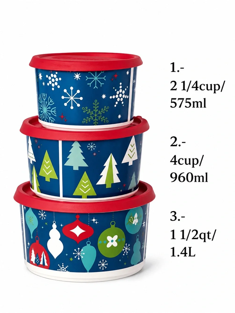 TUPPERWARE 3 PIECE ROUND STACKING/ NESTING CONTAINER SET WITH LIDS - XMAS DESIGN